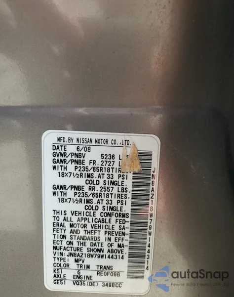 2009 Nissan Murano S z USA, uszkodzony, nr VIN JN8AZ18W79W144314